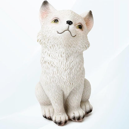 White Fox Figurine - Super Cute Little Sitting Baby Fox Cub Statue, Adorable Resin Sculpture, Decorative Polyresin Animal Ornament, Tabletop Décor for Outdoor Garden Patio Lawn Yard Pool Potted Plant