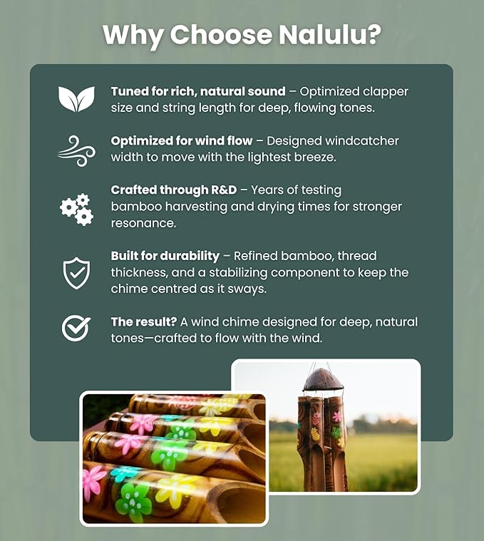 Nalulu Piney Bamboo Wind Chimes - Outdoor Wood Wooden Windchimes, Tropical Design with Coconut Crown, Handcrafted with Calming Deep Tones, Ideal Home Decor or Gift for Any Occasion