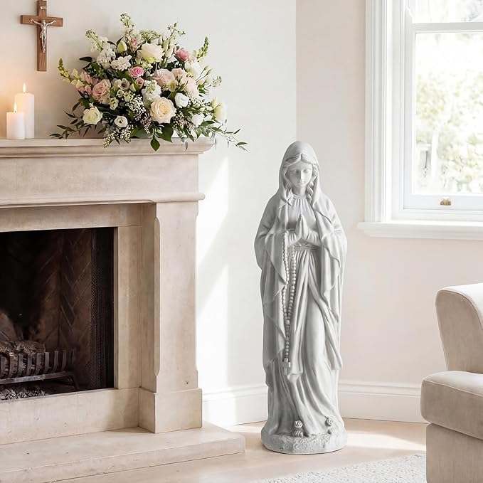 Giantex Virgin Mary Praying Statue 29.5", Blessed Mother Outdoor Religious Statue with Rosary Beads, Weather-Resistant MgO Catholic Yard Decor for Lawn, Patio, Prayer Garden & Memorial, Off White