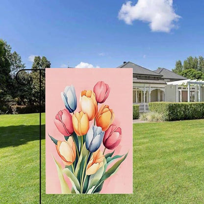 Gkyygk Pink Tulip Flower Welcome Banners Garden Flag Double Sided 12x18 Inches Farmhouse Holiday Outside Decorations Burlap Yard Flag