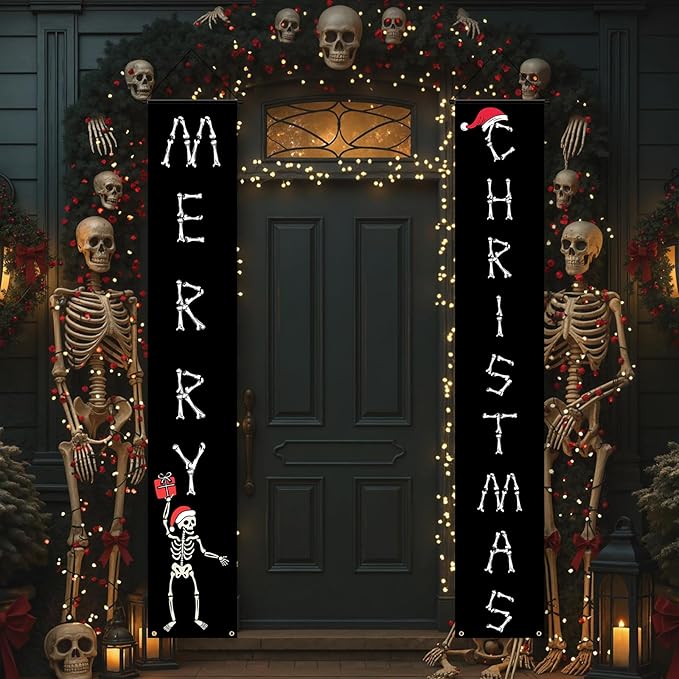 Gothic Christmas Door Banner Gothic Skeleton Christmas Decor for Outdoor, Spooky Skeleton Hanging Merry Xmas Porch Door Sign for Outside Yard Party Decor
