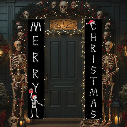 Gothic Christmas Door Banner Gothic Skeleton Christmas Decor for Outdoor, Spooky Skeleton Hanging Merry Xmas Porch Door Sign for Outside Yard Party Decor