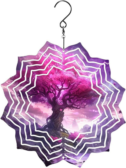 8 Inch Sublimation Wind Spinner, 3D Aluminum Metal Wind Spinner with Hook, Indoor Yard Garden Hanging Decoration, Weather Resistant Rotating Spiral Ornament, Purple Magic Tree