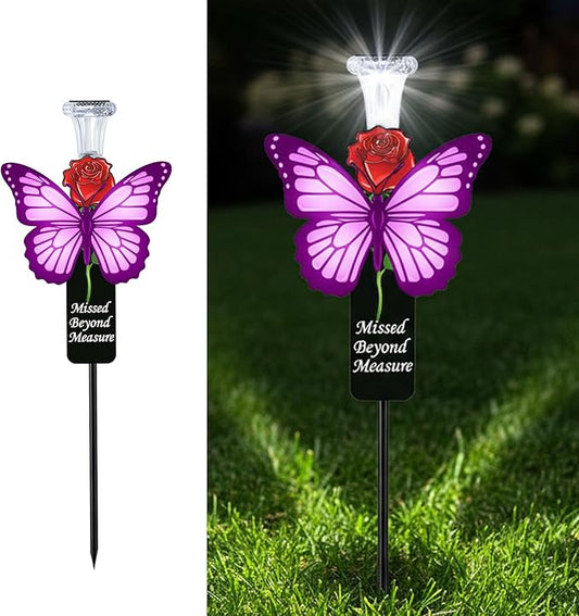 Solar Purple Butterfly Memorial Stake - Missed Beyond Measure Engraved Metal Grave Decorations, Sympathy Gifts for Loss of Sister Daughter Mom (Butterfly)