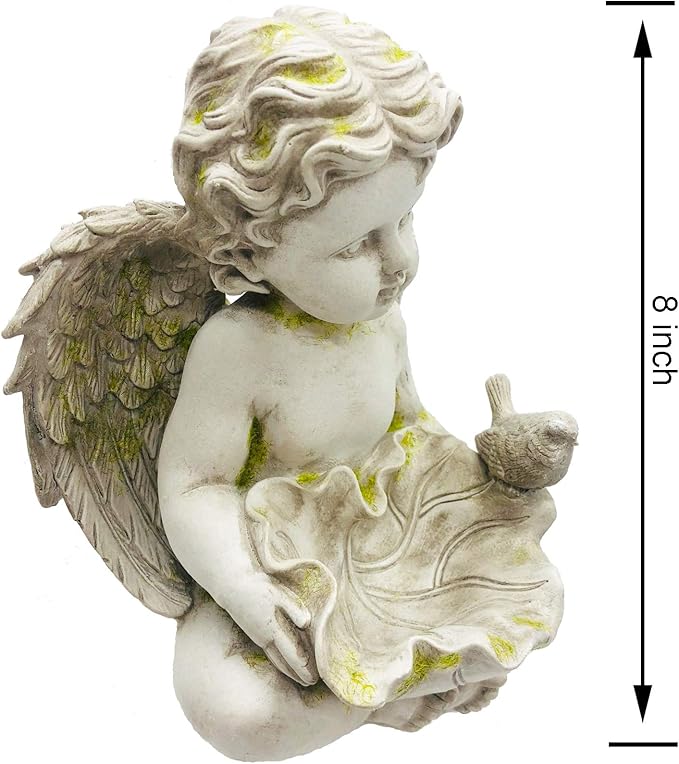 Guardian Angel Cherub Garden Statue with Bird Feeder Bird Bath Feeding Bowl, Religious Decor Sculpture, Natural Stone Grey with Moss, 8 inch Tall