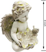 Guardian Angel Cherub Garden Statue with Bird Feeder Bird Bath Feeding Bowl, Religious Decor Sculpture, Natural Stone Grey with Moss, 8 inch Tall