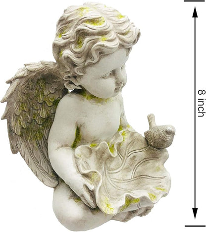 Guardian Angel Cherub Garden Statue with Bird Feeder Bird Bath Feeding Bowl, Religious Decor Sculpture, Natural Stone Grey with Moss, 8 inch Tall