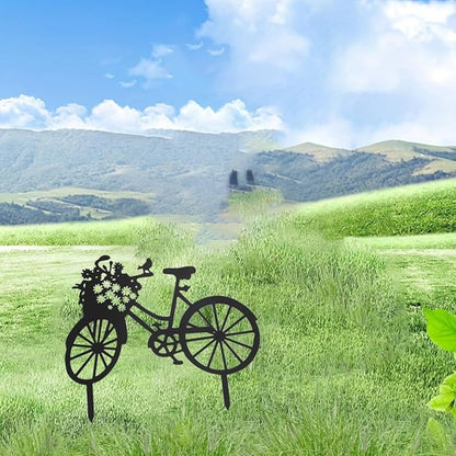 Yard Art Garden Metal Statue Decor,Lifelike Bicycle Stakes Outdoor Decorations,Black Hollow Out Iron Silhouette Sets for Farmhouse Pathway Lawn (Black)