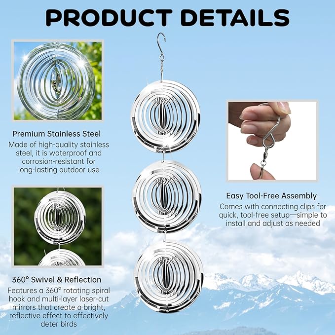 18 Pcs Stainless Steel 3D Circle Wind Spinners with Reflective Discs – Garden Decor for Yard, Patio, Windows, Trees & Outdoor Spaces