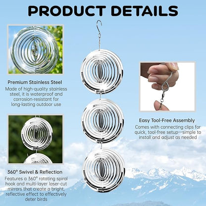 18 Pcs Stainless Steel 3D Circle Wind Spinners with Reflective Discs – Garden Decor for Yard, Patio, Windows, Trees & Outdoor Spaces