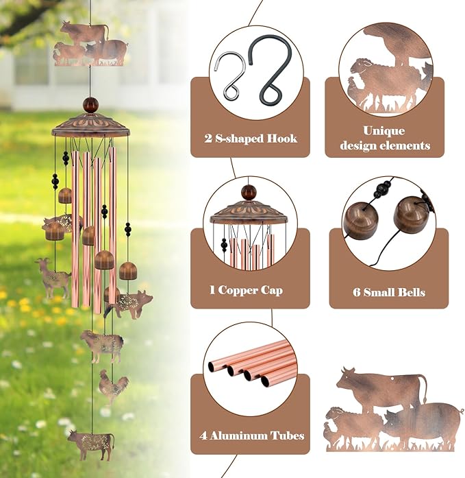 Farm Animal Wind Chimes Gifts for Women Men, Farmhouse Decor for Outside Garden Patio, 35 Inch Vintage Metal Cow Pig Chicken Sheep Goat Wind Chimes