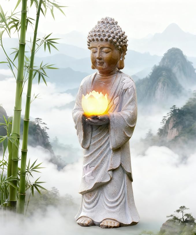 Nacome Solar Buddha Garden Statues with Lotus Flower: Resin Zen Decor Waterproof Sculpture Outdoor Light Design for Outside Patio Lawn Yard Balcony - 14.6 inches(White)