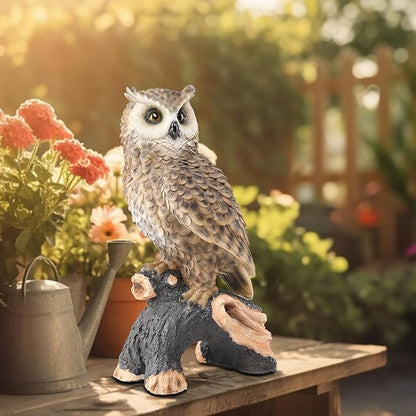 Owl Garden Statue - Perching Forest Owl on Stump Resin Figurine for Home Indoor Outdoor Garden Patio Yard Decor
