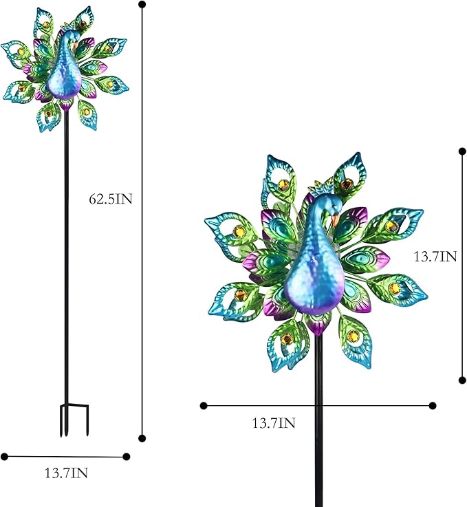 Peacock Solar Wind Spinner, 62Inch Double Wind Sculpture with Color Changing LED Light, Wind Sculptures & Spinners Outdoor Metal Stake Yard Spinners