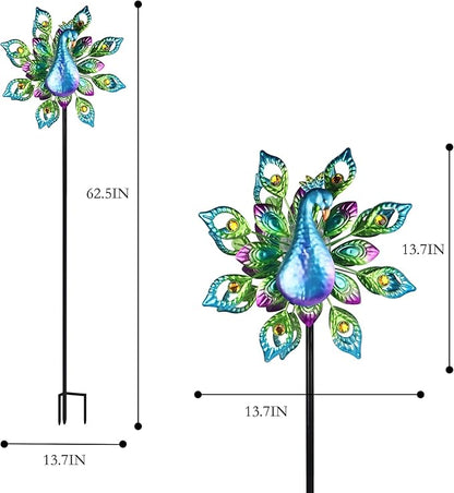 Peacock Solar Wind Spinner, 62Inch Double Wind Sculpture with Color Changing LED Light, Wind Sculptures & Spinners Outdoor Metal Stake Yard Spinners