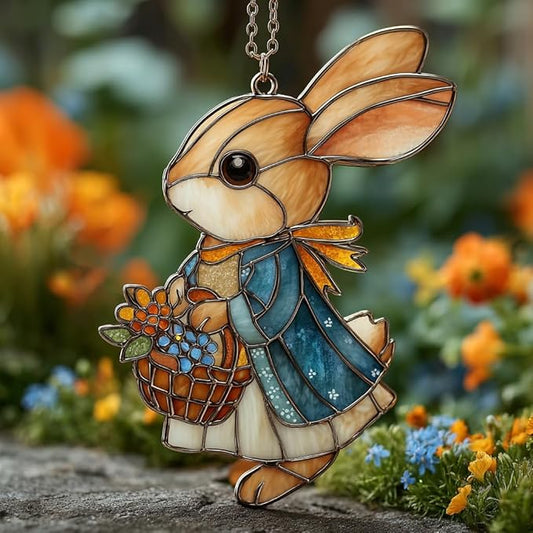 Whimsical Rabbit Floral Mosaic Decor Acrylic Suncatcher Stained Glass Effect Window Car Hanging Christmas Ornament Indoor Outdoor Decor Garden Sun Catcher Panel for Easter Lover for Women Mom Grandma
