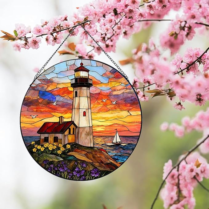 Stained Glass Window Hanging, Ocean Lighthouse Suncatcher for Window Doors Garden Home Decoration, Sunset and Sea Scenery Colorful Glass Panel Ornaments for Women,Men,Wife, Lovers, and Mom 7.8 in
