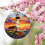 Stained Glass Window Hanging, Ocean Lighthouse Suncatcher for Window Doors Garden Home Decoration, Sunset and Sea Scenery Colorful Glass Panel Ornaments for Women,Men,Wife, Lovers, and Mom 7.8 in
