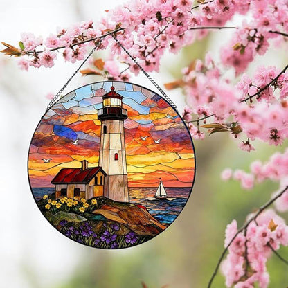 Stained Glass Window Hanging, Ocean Lighthouse Suncatcher for Window Doors Garden Home Decoration, Sunset and Sea Scenery Colorful Glass Panel Ornaments for Women,Men,Wife, Lovers, and Mom 7.8 in