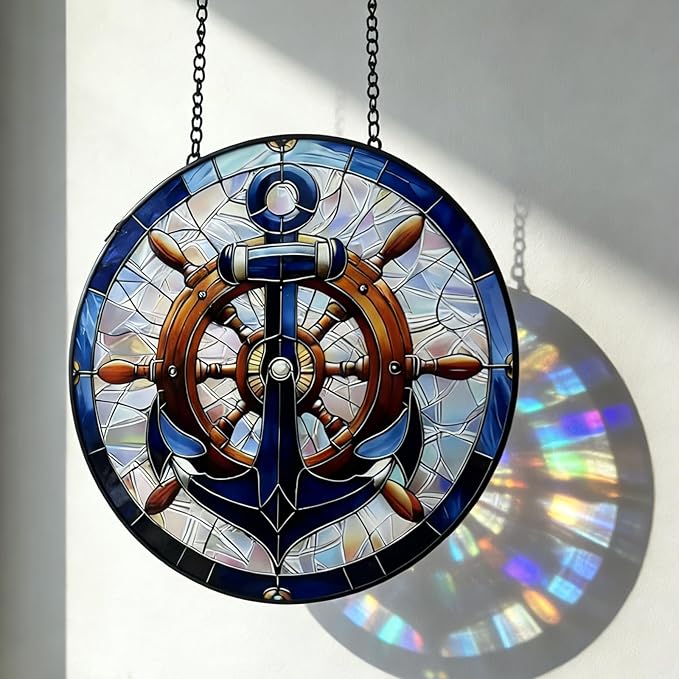 Nautical Stained Glass Anchor & Helm Suncatcher, Window/Door Decor for Coastal - Style Homes, Ideal Gift for Sea Lovers, Grandma, Girlfriend
