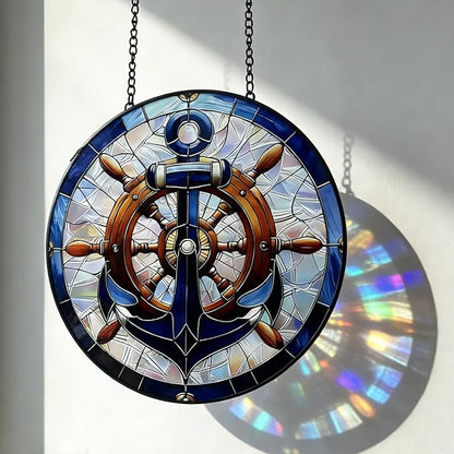 Nautical Stained Glass Anchor & Helm Suncatcher, Window/Door Decor for Coastal - Style Homes, Ideal Gift for Sea Lovers, Grandma, Girlfriend