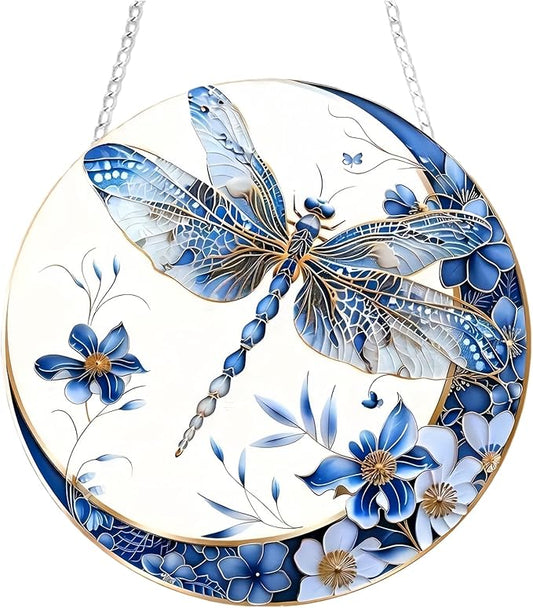Sun Catchers Indoor Window Dragonfly and Flower，8x8 Inch Hanging Acrylic Sun Catchers Indoor Window Decor with Hook for Living Room Bedroom Summer Home Balcony Ornaments Decoration