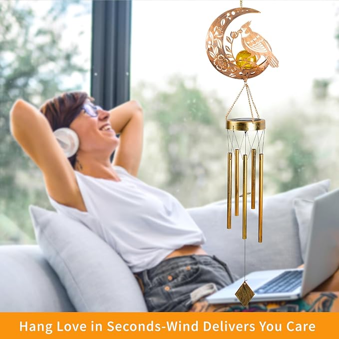 JOBOSI Moon Cardinal Wind Chimes Gift, Solar Cardinal Light, Solar Wind Chimes for Outside, Mother's Day Wind Chime, Gift for Mothers, Women, Grandmothers, Outdoor Garden Lawn Yard Decor