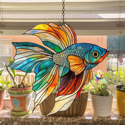 Beta Fish Acrylic Suncatcher Stained Glass Effect Window Car Hanging Christmas Ornament Indoor Outdoor Decor Garden Sun Catcher Panel for Acrylic Suncatcher Lover for Women Mom Grandma