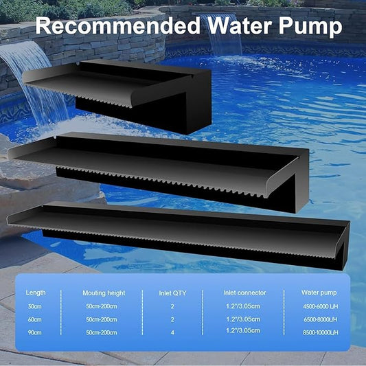 Pool Fountain Stainless Steel Pond Waterfall Spillway Kits for Indoor/Outdoor Decorative, 24 Inches Black Pool Water Feature for Garden Patio, Backyard Koi Pond Decor(No LED Light)
