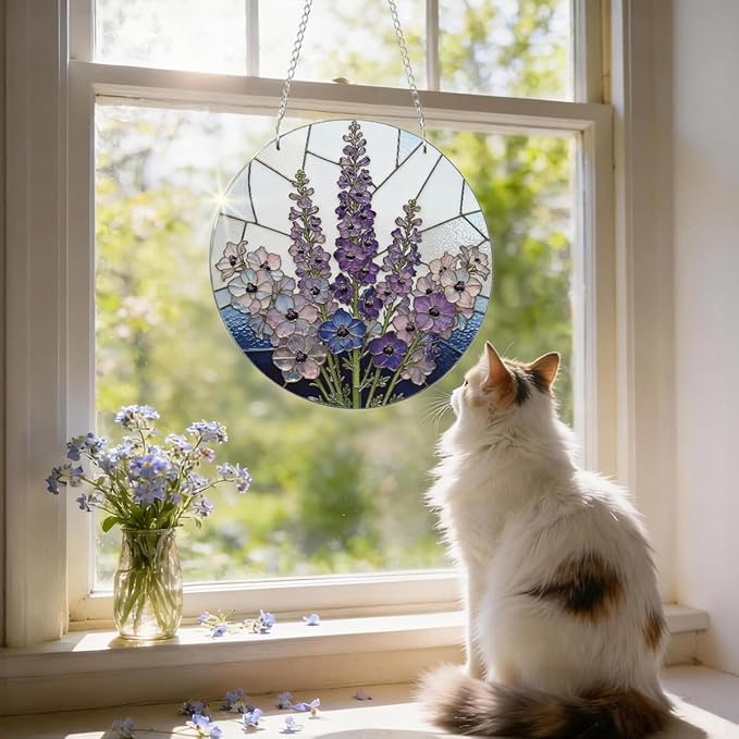 Purple Flower Window Hanging Suncatcher, Home Garden Hangings, Romantic Window Wall Art, Housewarming Gifts, for Mom Grandma Aunt, Acrylic Sun Catcher with Metal Chain