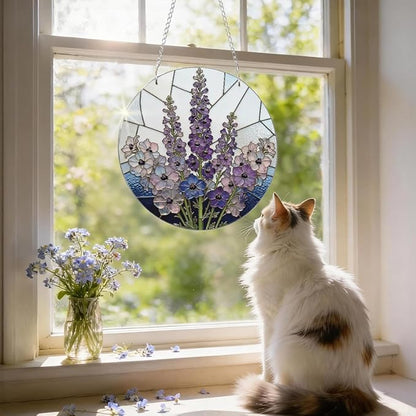 Purple Flower Window Hanging Suncatcher, Home Garden Hangings, Romantic Window Wall Art, Housewarming Gifts, for Mom Grandma Aunt, Acrylic Sun Catcher with Metal Chain