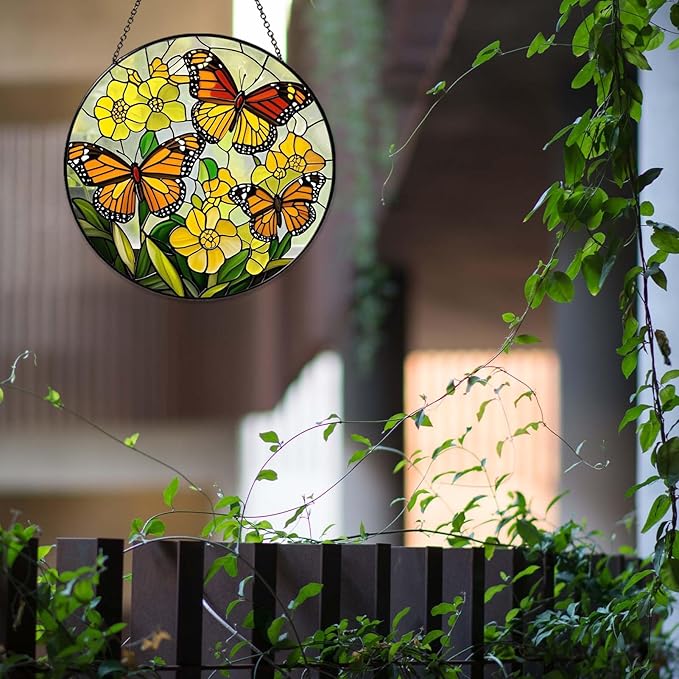 Butterfly with Flowers Sun Catcher Stained Glass Window Hanging for Women Butterfly Decor Handmade Sun Catcher Decoration for Garden Home Housewarming Gifts, 7.87inch