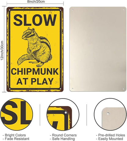 Slow Chipmunk at Play Aluminium Metal Sign, Chipmunk Decor, Chipmunk Gift, Vintage Animal Decor, Animal Warning Sign, Funny Wall Decor for Home Farmhouse Yard Garden, 8"x12" Indoor/Outdoor
