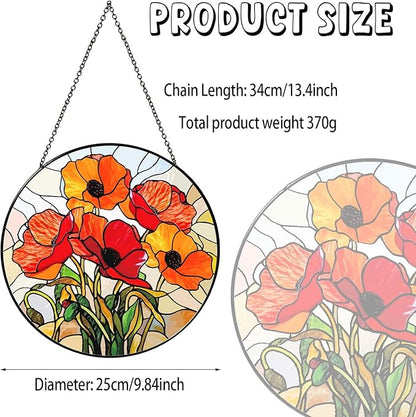 California Poppy Forest Sun Catcher 9.8'' Stained Glass Window Hanging Flower Lover Gifts for Women Red Poppy Kitchen Decor Suncatcher Decoration for Home Garden Housewarming Gifts