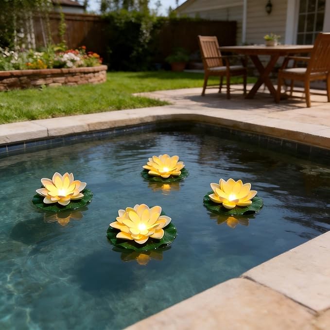 12PCS Waterproof Floating Lotus Light, 5 Inch Floating Lily Flower Water Activated Artificial Flowers Battery Operated Warm White Light for Wedding Pool Anniversary Garden Decor