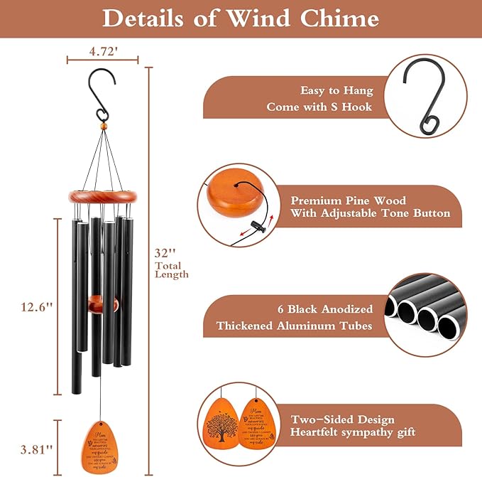 Memorial Wind Chimes Sympathy Gifts for Loss of Mom, 32'' Memorial Wind Chimes for Loss of Mother, Bereavement/Sympathy/Condolence Gift, Windchimes in Memory of Mom