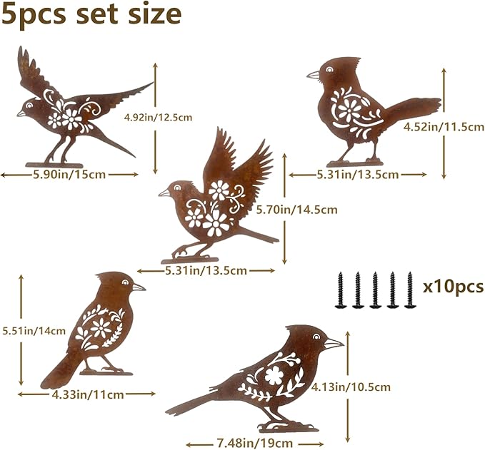 We Moment 5PCS Rusty Metal Birds Decoration, Garden Decor Spring Decorations Outdoor, Cardinal Gifts, Metal Birds Yard Decor, Bird Silhouette Statues