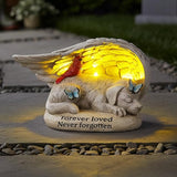 Dog Memorial Stone with Solar Lights Angel Wings Cardinal Butterfly 8 Inch, Pet Grave Markers Sleeping Statue Pet Loss Sympathy Gift Waterproof Resin for Outdoor Cemetery Garden Decor