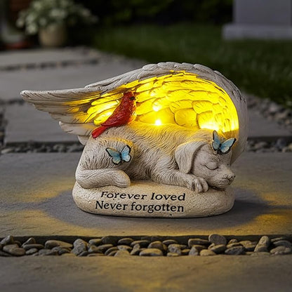 Dog Memorial Stone with Solar Lights Angel Wings Cardinal Butterfly 8 Inch, Pet Grave Markers Sleeping Statue Pet Loss Sympathy Gift Waterproof Resin for Outdoor Cemetery Garden Decor