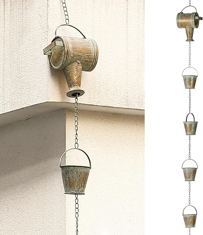 Jemeni 8.5Ft Decorative Rain Chain with Watering Can & Buckets - Rustic Copper Patina Finish, Garden Rainwater Decor for Patio & Yard