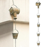 Jemeni 8.5Ft Decorative Rain Chain with Watering Can & Buckets - Rustic Copper Patina Finish, Garden Rainwater Decor for Patio & Yard