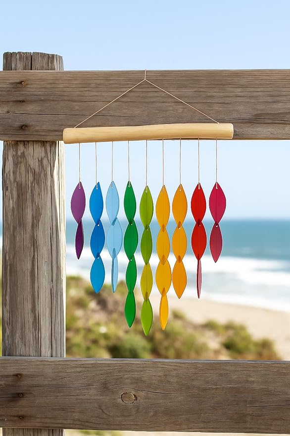 OMA Rainbow Waterfall Glass Wind Chime – Sandblasted Recycled Glass & Driftwood, Handcrafted Large 20″ Chime for Porch, Patio & Home