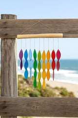 OMA Rainbow Waterfall Glass Wind Chime – Sandblasted Recycled Glass & Driftwood, Handcrafted Large 20″ Chime for Porch, Patio & Home