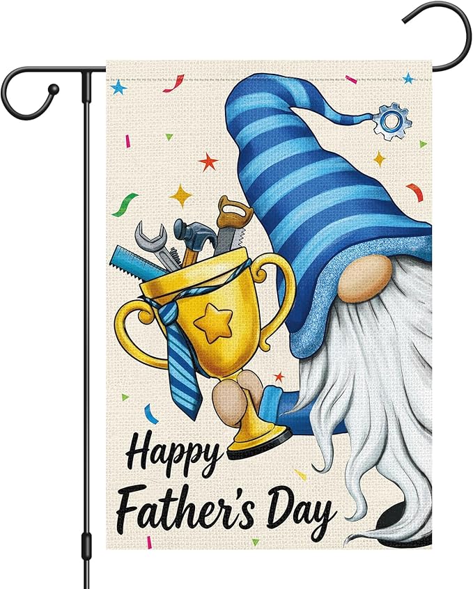 Heyfibro Happy Father's Day Gnome Garden Flag 12x18 Double Sided Burlap, with Tool Trophy Blue Striped Yard Banner for Best Dad Spring Outside Outdoor House Fathers Day Decoration (ONLY FLAG)