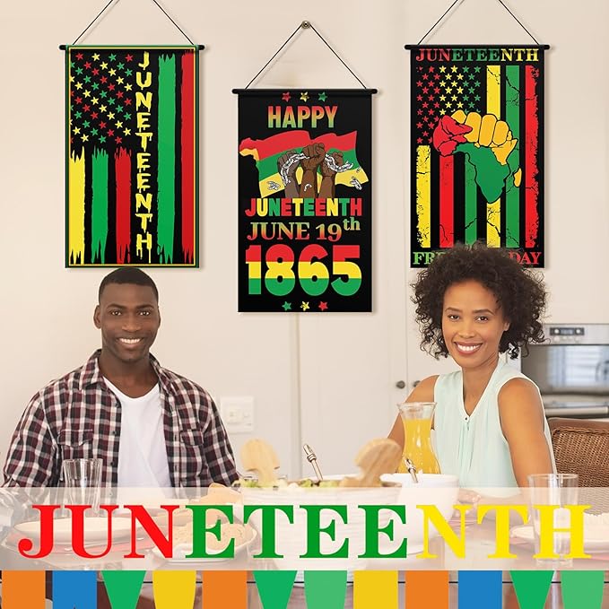 Tegeme 3 Pcs Happy Juneteenth Day Door Sign Flag African American Independence Day Door Hanging Banner Juneteenth Wall Decoration for Party Holiday Home Outdoor Indoor Decoration