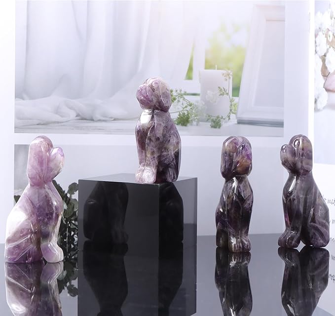 SMQ Amethyst Crystal Dog Statue Home Decor Polished 2" Carved Gemstone Puppy Sculpture Healing Statue Animal Carvings Figurines Gifts