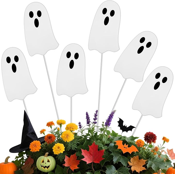 Shimeyao 6 Pcs Metal Halloween Ghost Garden Stakes Halloween Yard Signs Outdoor Decor 12 Inch White Ghost Yard Signs for Home Lawn Porch Holiday Front Backyard