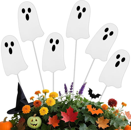 Shimeyao 6 Pcs Metal Halloween Ghost Garden Stakes Halloween Yard Signs Outdoor Decor 12 Inch White Ghost Yard Signs for Home Lawn Porch Holiday Front Backyard
