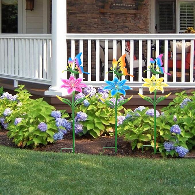 Metal Garden Flowers for Outside, 30.3-22.4" 3-Pack Colorful Butterfly & Flower Decorative Garden Stakes for Spring Garden Decor, Yard Art Decorations for Patio Lawn