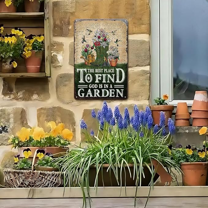 Garden Signs for Outside - Vintage Tin Sign for Outdoor Patio Decor, Backyard, Garden Deocr Wall Art Accessories, Gifts for Plant Lovers Women, 8 x 12 inch
